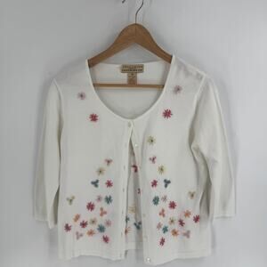 Vintage Cottagecore Embroidered Floral Cotton Cardigan Sweater M Y2K Style